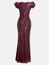 Sequin fishtail maxi dress with patchwork sleeves - View 6 | Lwiis