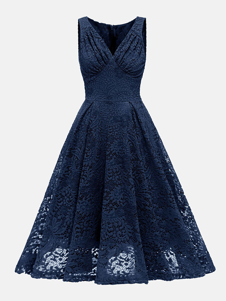 Sleeveless V-neck Lace Midi Dress - View 14 | Lwiis