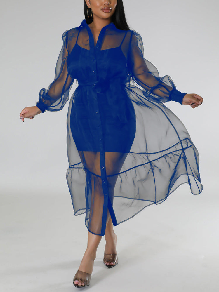 Sheer organza cover-up dress with button-down front and tiered hem - View 7 | Lwiis