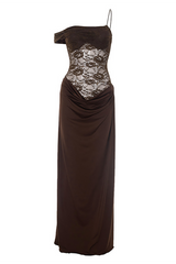 Full front view of a dark brown off-the-shoulder dress with a lace bodice and a draped skirt, displayed on a mannequin.