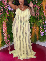 Halter Neck Ruffle Tulle Dress - View 6 | Lwiis