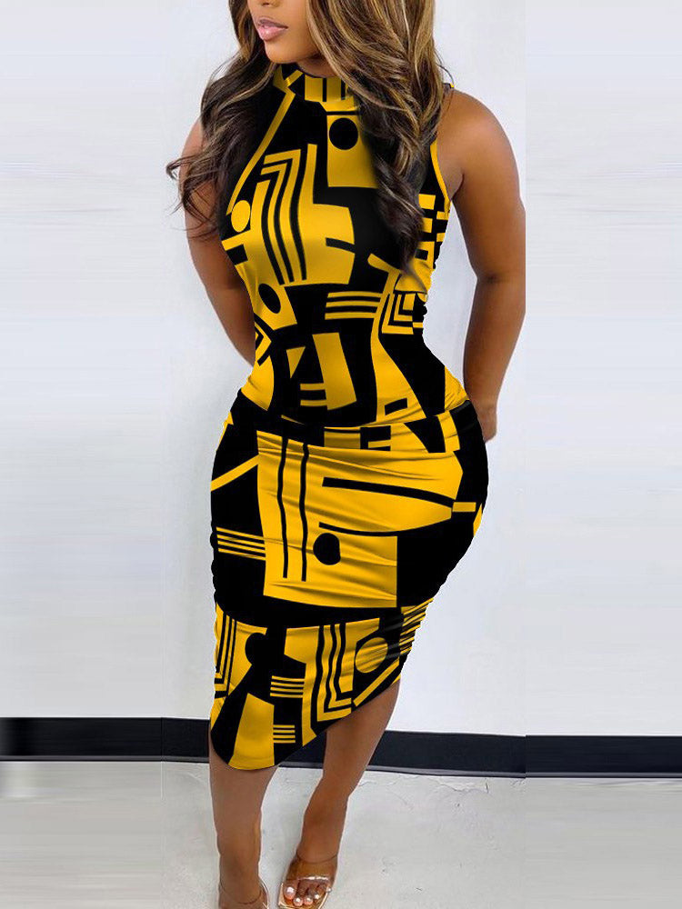 Woman wearing a sleeveless yellow and black geometric print bodycon midi dress