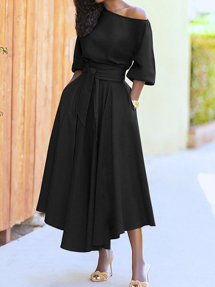 Oblique Neckline Maxi Dress with Belt - View 18 | Lwiis