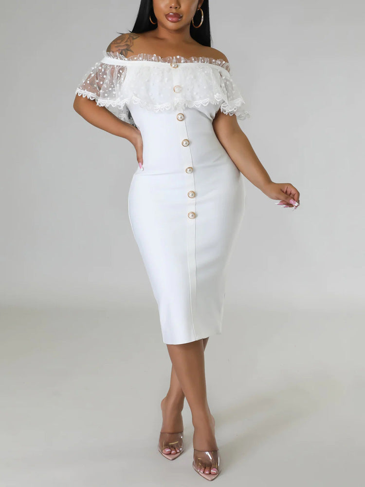 Woman wearing a white off-the-shoulder midi dress with ruffled overlay and button detailing.