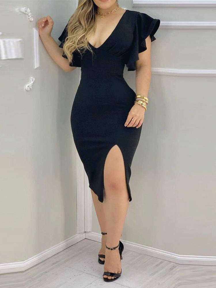 Woman wearing a black bodycon midi dress with a V-neckline, ruffle sleeves, and a high slit, accessorized with gold bracelets.