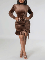 Ruched Velvet Mini Dress with Drawstring - View 14 | Lwiis
