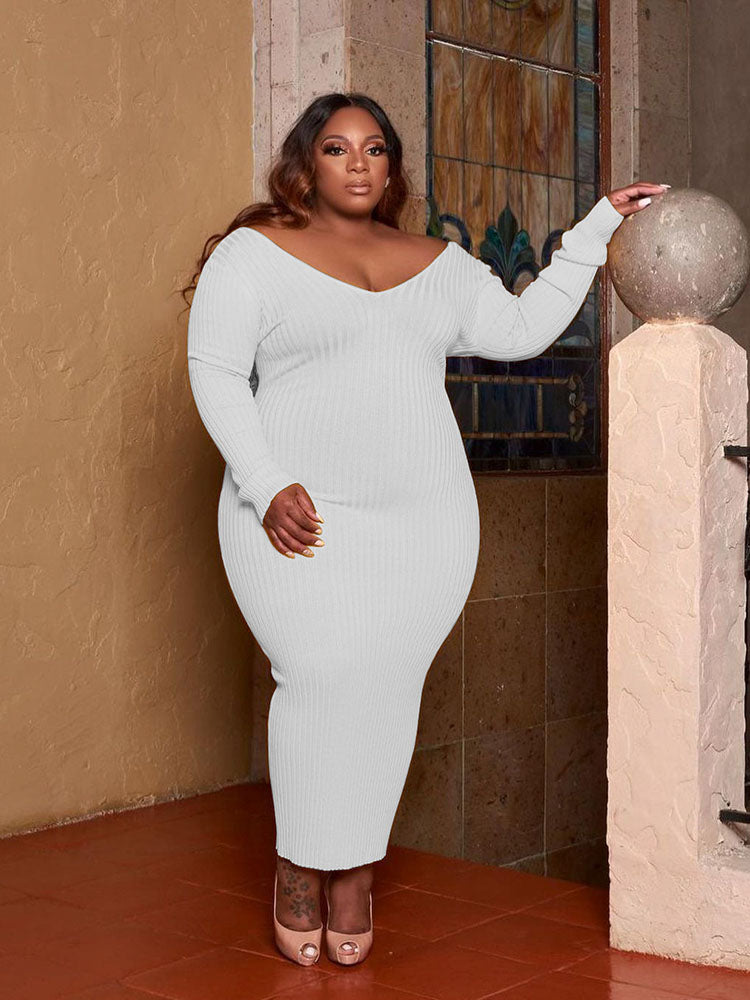 Ribbed V-Neck Long Sleeve Midi Dress - View 11 | Lwiis