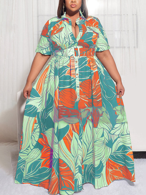 Printed V-neck maxi dress with short sleeves and a belted waist - View 19 | Lwiis