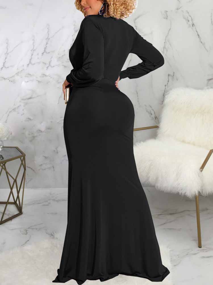 Long Sleeve V-Neck Floor Length Dress - View 6 | Lwiis