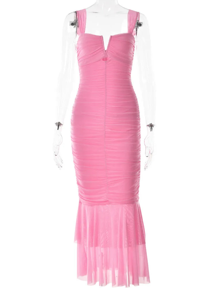 Mermaid Ruched Mesh Maxi Dress - View 7 | Lwiis