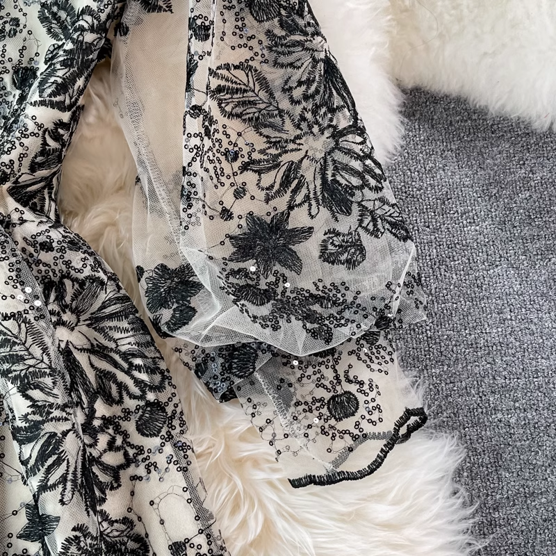 Embroidered Mock Neck Maxi Dress with Puff Sleeves - View 9 | Lwiis