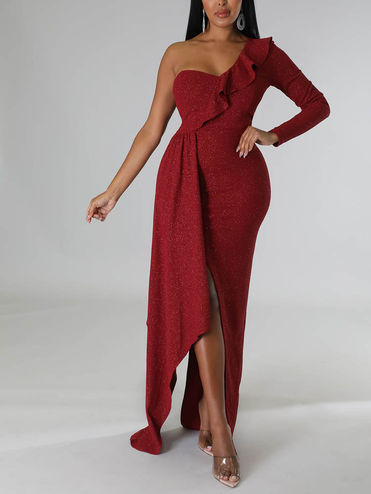 One shoulder formal dress with sparkle embellishment - View 6 | Lwiis