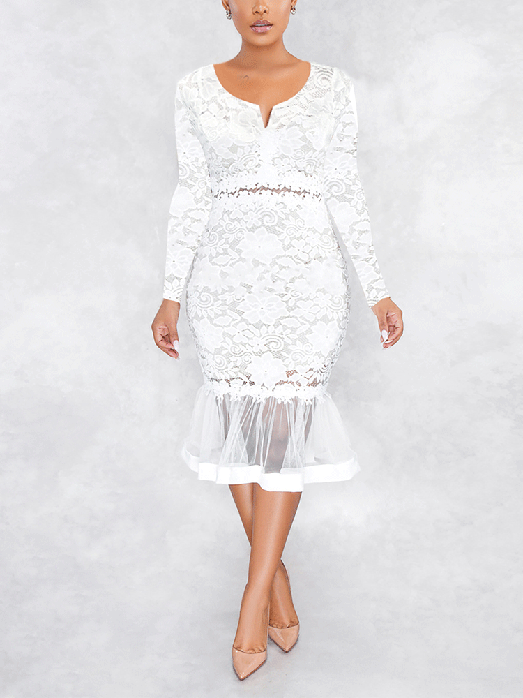 Lace Fishtail Midi Dress with Zipper Back - View 6 | Lwiis