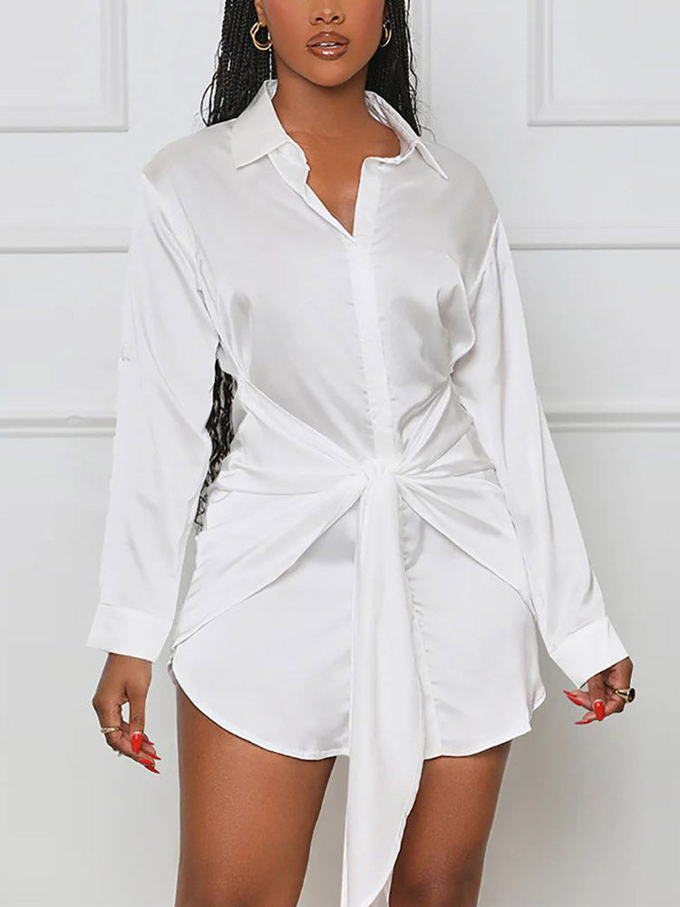 Satin Tie Waist Button Down Shirt Dress - View 8 | Lwiis