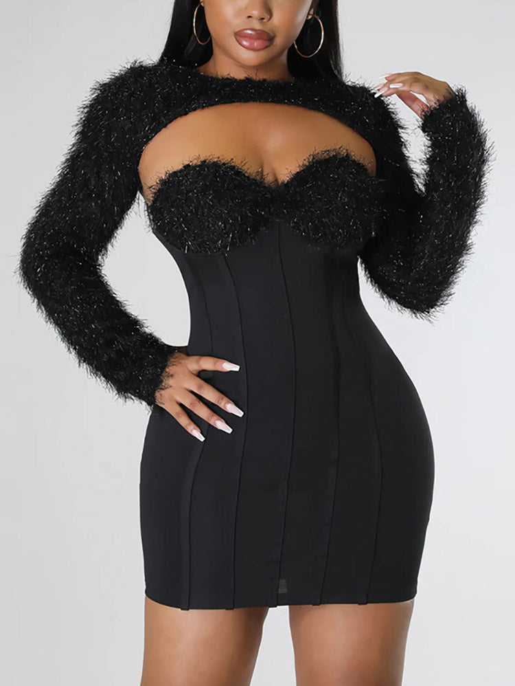 Woman wearing a black bodycon dress with a sweetheart neckline and fuzzy trim, paired with a matching fuzzy bolero.