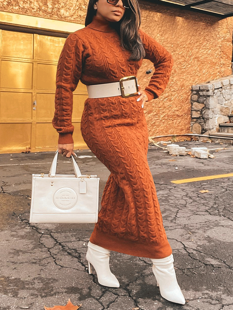 Ribbed knit high neck midi dress - View 11 | Lwiis