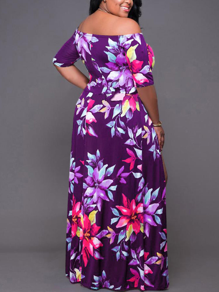 Floral print maxi dress with off-shoulder neckline and high leg slit - View 9 | Lwiis