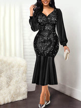 Sequined V-Neck Mermaid Evening Dress - View 7 | Lwiis