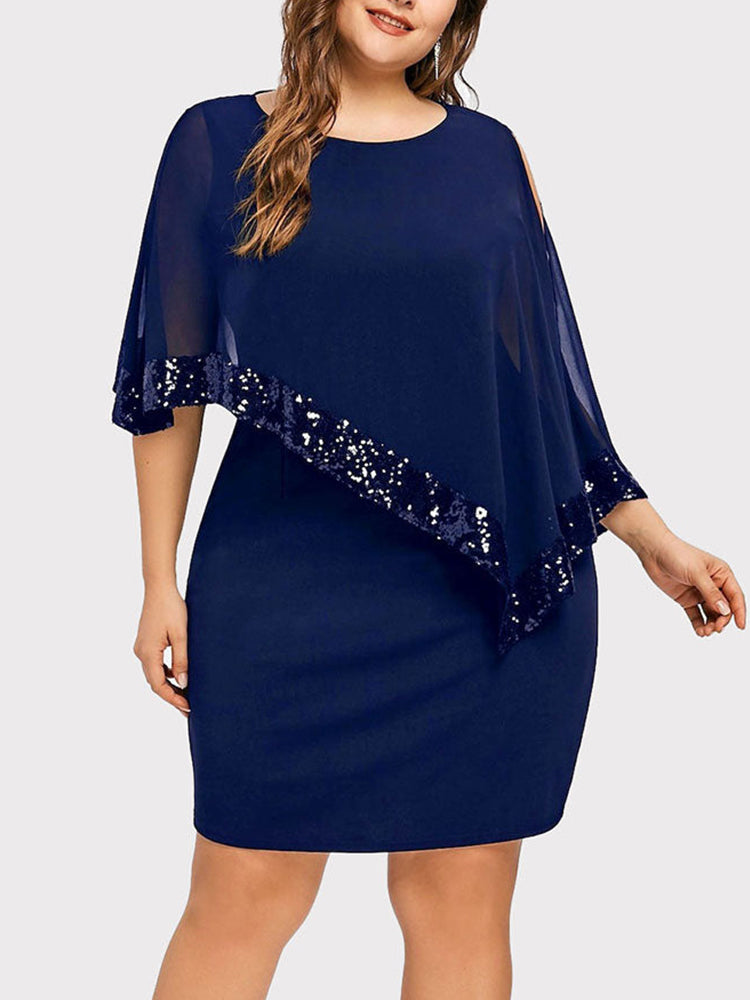 Asymmetric Sequins Dress with Cape Overlay - View 6 | Lwiis