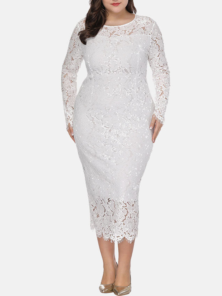 plus size white lace long sleeve midi dress