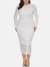 plus size white lace long sleeve midi dress
