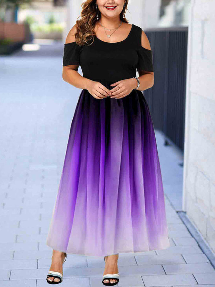 woman wearing a black and purple ombre maxi dress with cold shoulder sleeves