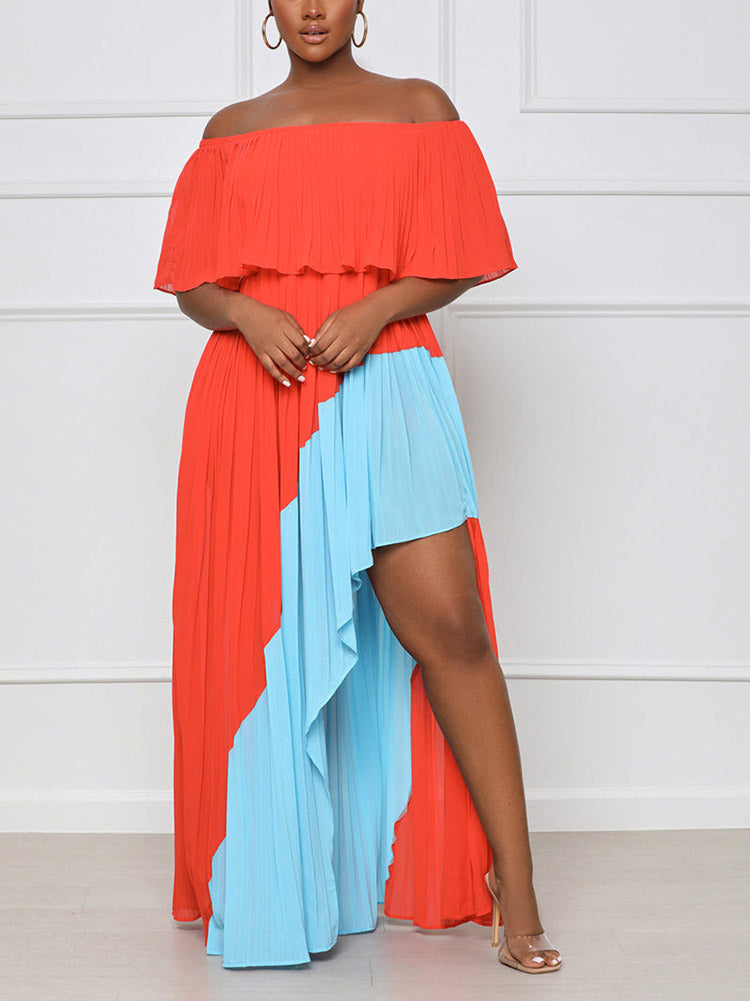 Woman wearing an off-the-shoulder, ruffled, colorblock maxi dress with a high-low hemline.