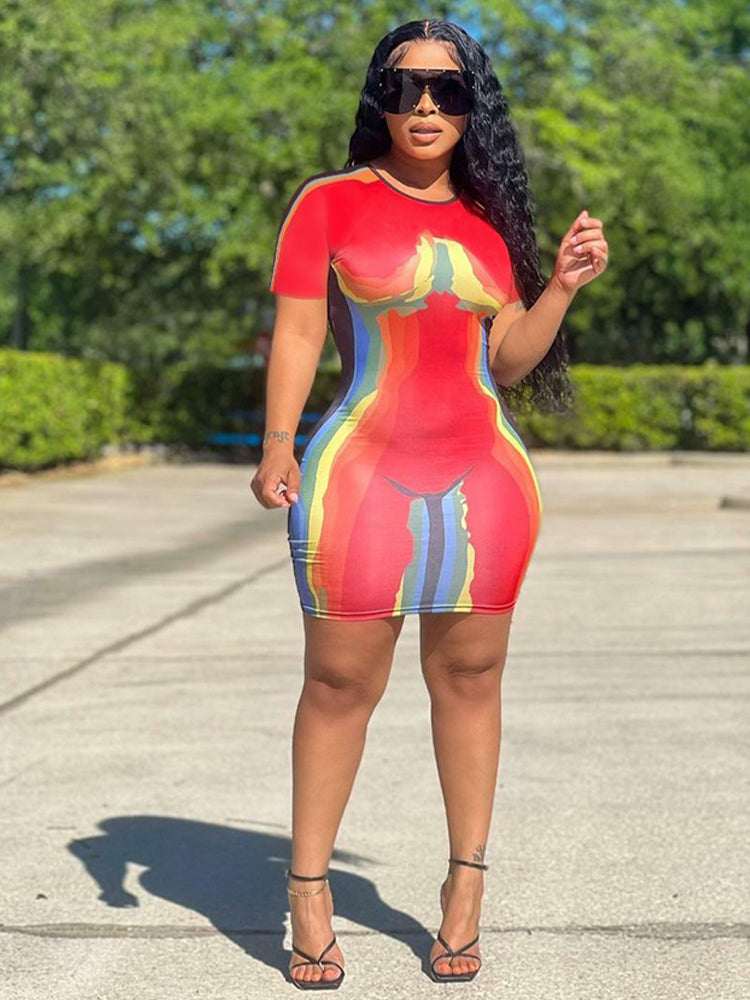 Woman wearing a red, yellow, blue, and black abstract print bodycon mini dress with short sleeves and a round neckline.