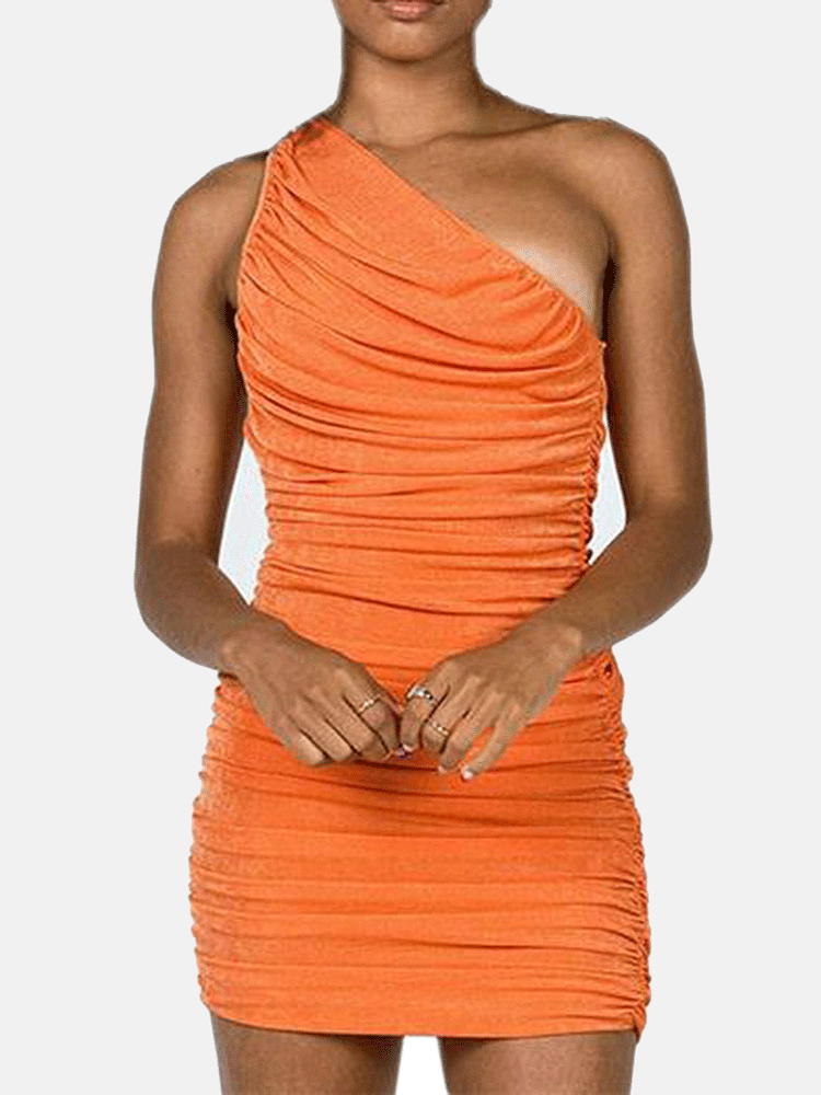 woman wearing an orange one-shoulder ruched mini dress