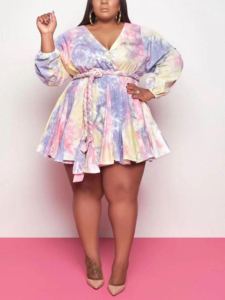 Tie dye V neck mini dress with belt - View 18 | Lwiis
