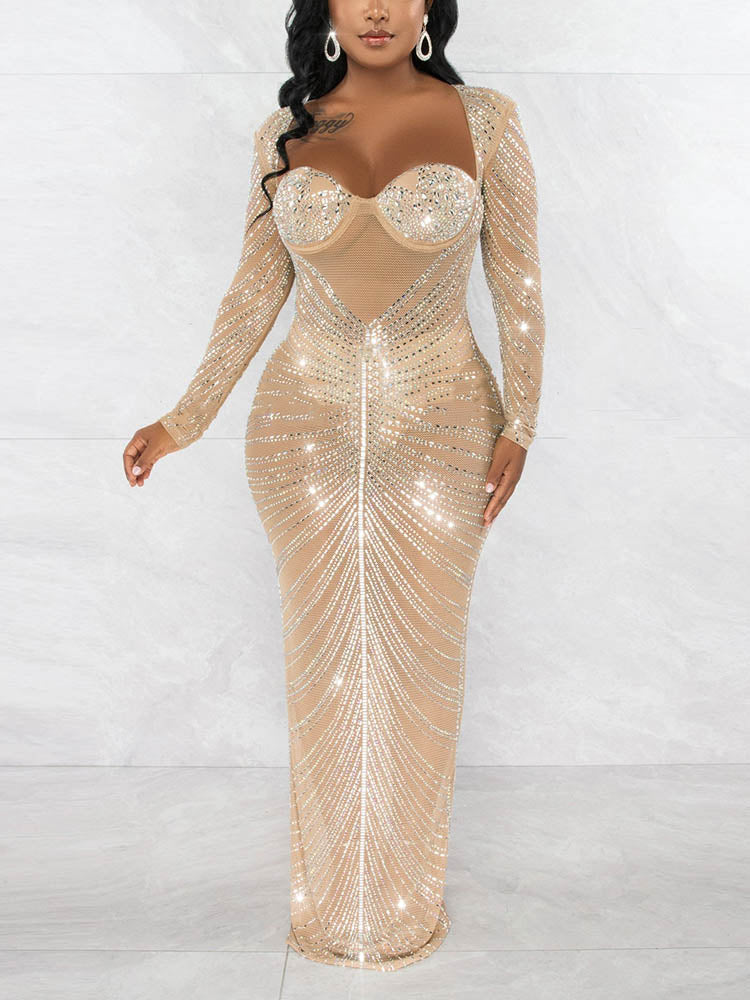 Mesh Embellished Long Sleeve Gown - View 11 | Lwiis