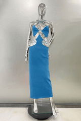 Mannequin displaying a blue knit midi dress with cut-out details and ring accents
