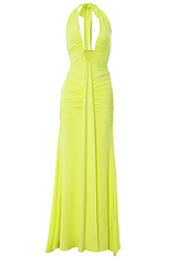 Neon yellow floor-length halter dress with a deep V-neckline and ruched detailing, displayed on a white background.