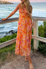 Floral print A-line midi dress with tie shoulder straps - View 7 | Lwiis