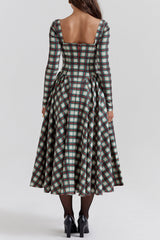 Plaid Pattern Long Sleeve Corset A - Line Pleated Midi Dress - View 6 | Lwiis