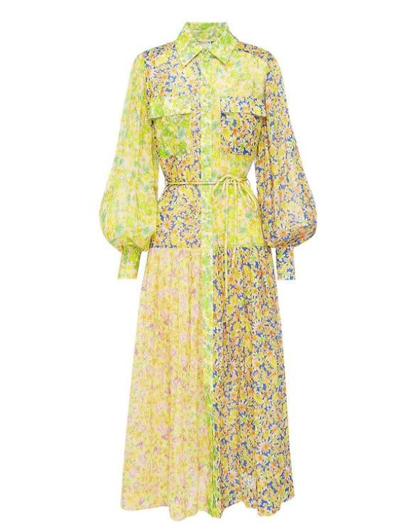 A full-length view of the patchwork floral print shirt dress.