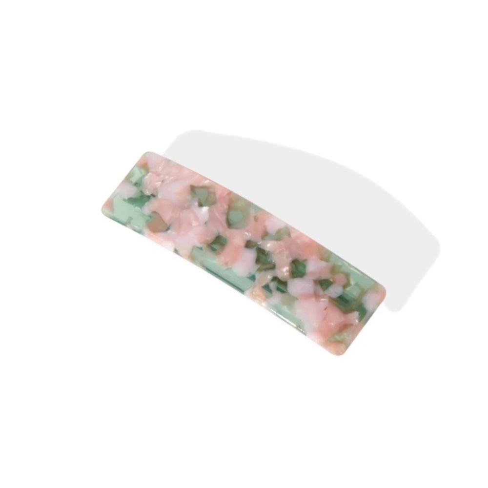 Rectangular barrette with a pink and green marbled pattern, shown from the top.