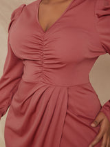Ruched V-Neck Midi Dress with Split Skirt - View 6 | Lwiis