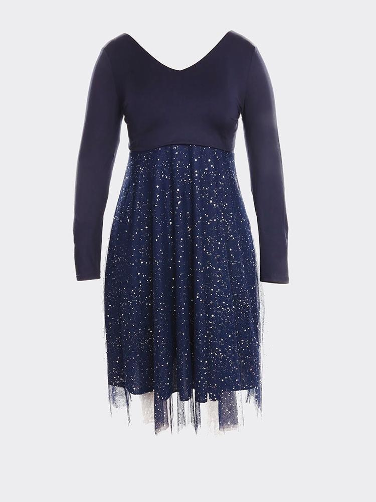 Plus size navy v-neck long sleeve sparkle midi dress flat lay