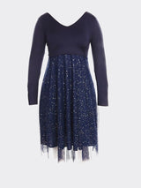 Plus size navy v-neck long sleeve sparkle midi dress flat lay