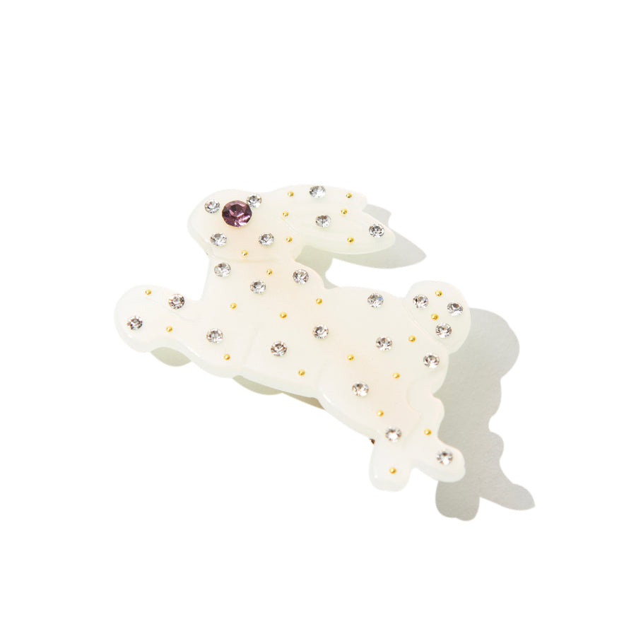 White resin bunny hair clip with rhinestones and gold accents