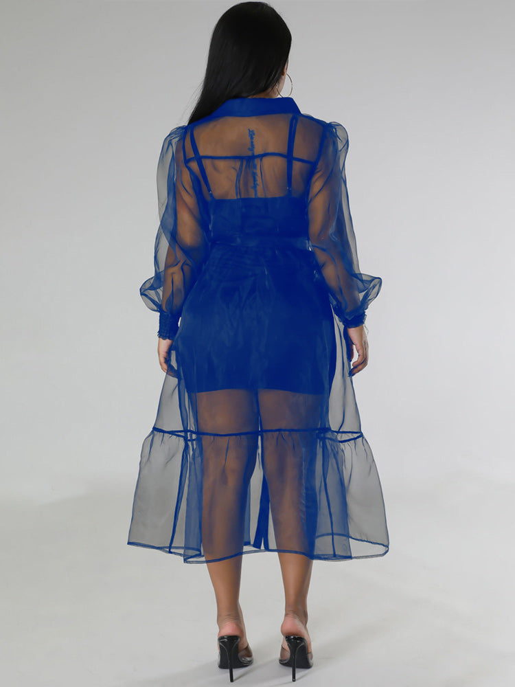 Sheer organza cover-up dress with button-down front and tiered hem - View 9 | Lwiis