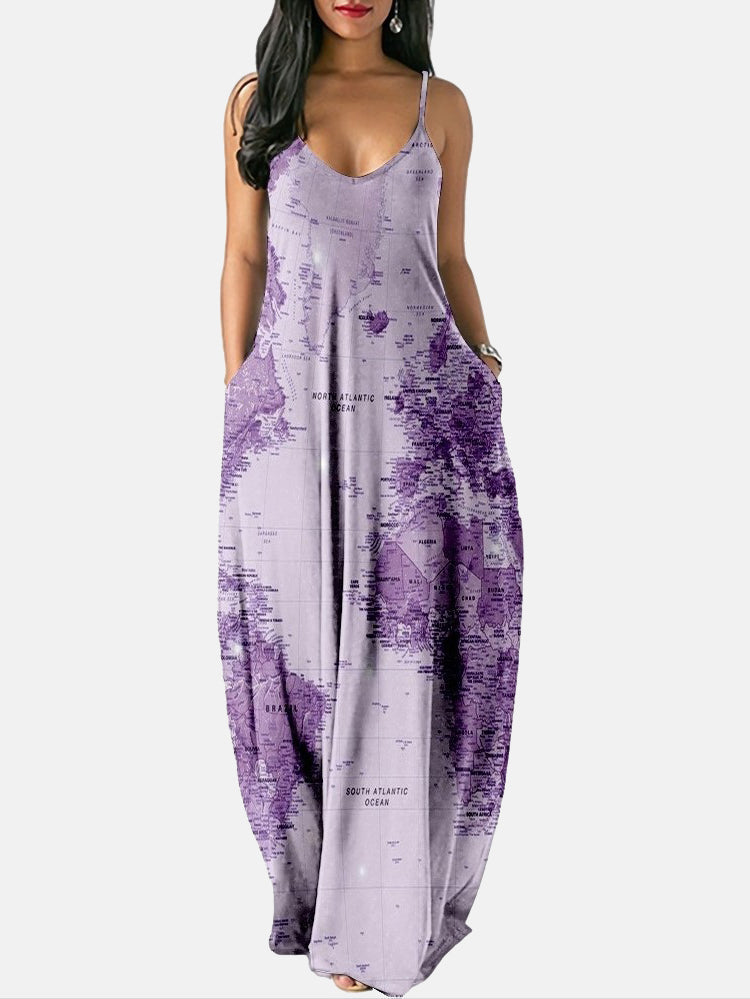 Spaghetti strap maxi dress with world map print - View 13 | Lwiis
