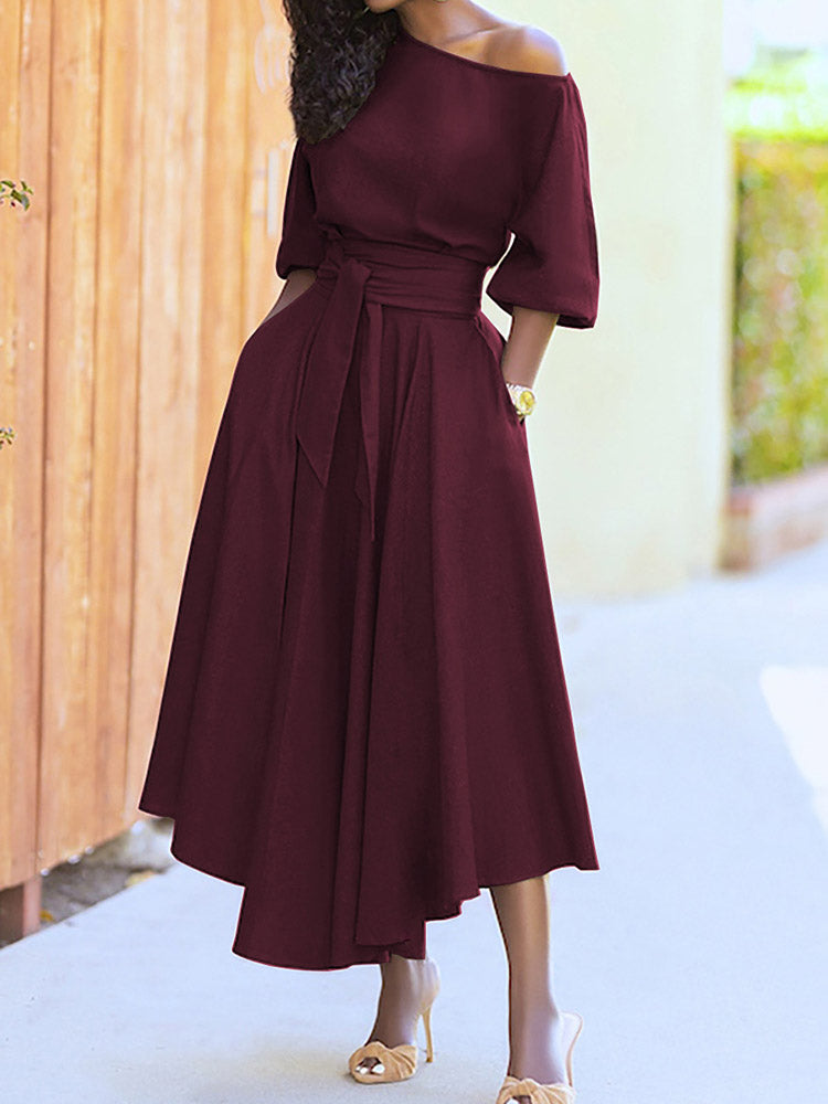 Oblique Neckline Maxi Dress with Belt - View 14 | Lwiis