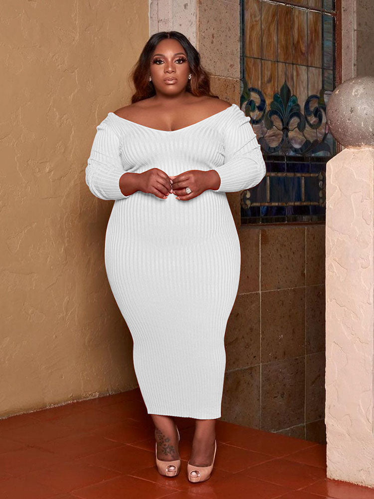 Ribbed V-Neck Long Sleeve Midi Dress - View 10 | Lwiis