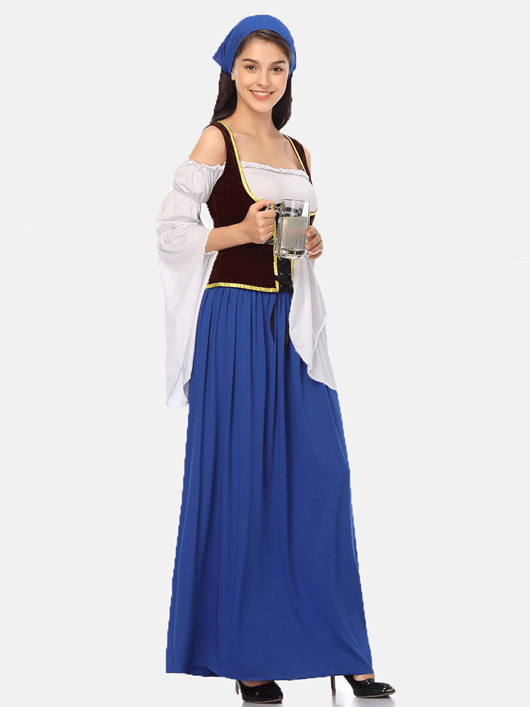 Woman in a blue headscarf and a traditional German-style dress, holding a beer mug.