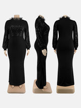 Mannequin display of a black sequined long-sleeve dress with a feather trim neckline, shown from the front, side, and back.