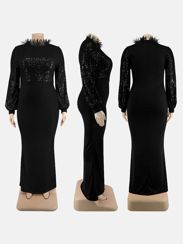 Mannequin display of a black sequined long-sleeve dress with a feather trim neckline, shown from the front, side, and back.