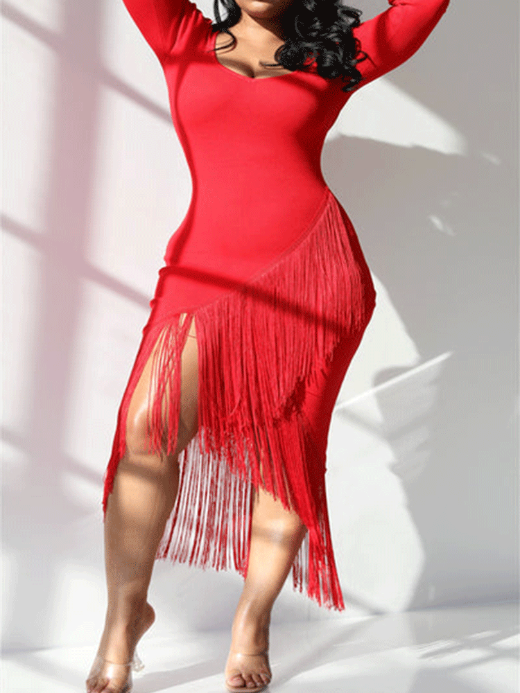 Fitted Tassel Midi Dress - View 7 | Lwiis