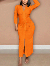 Solid Ruched Button Maxi Dress - View 14 | Lwiis